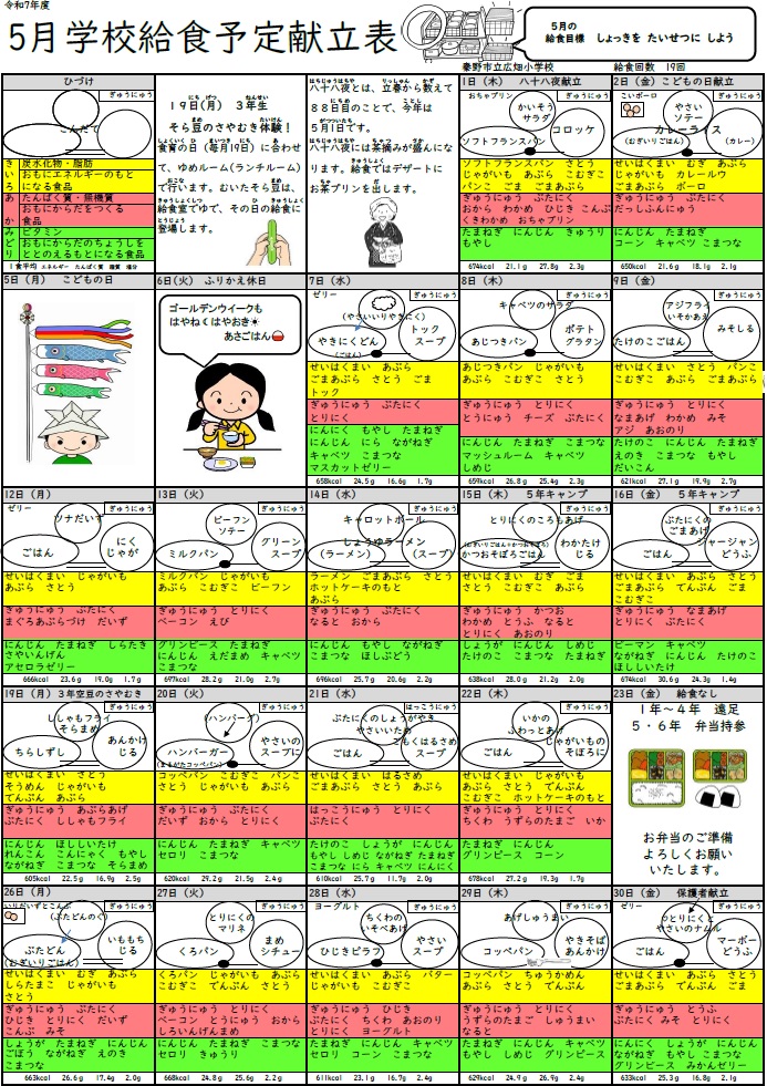 ５月学校給食予定献立表