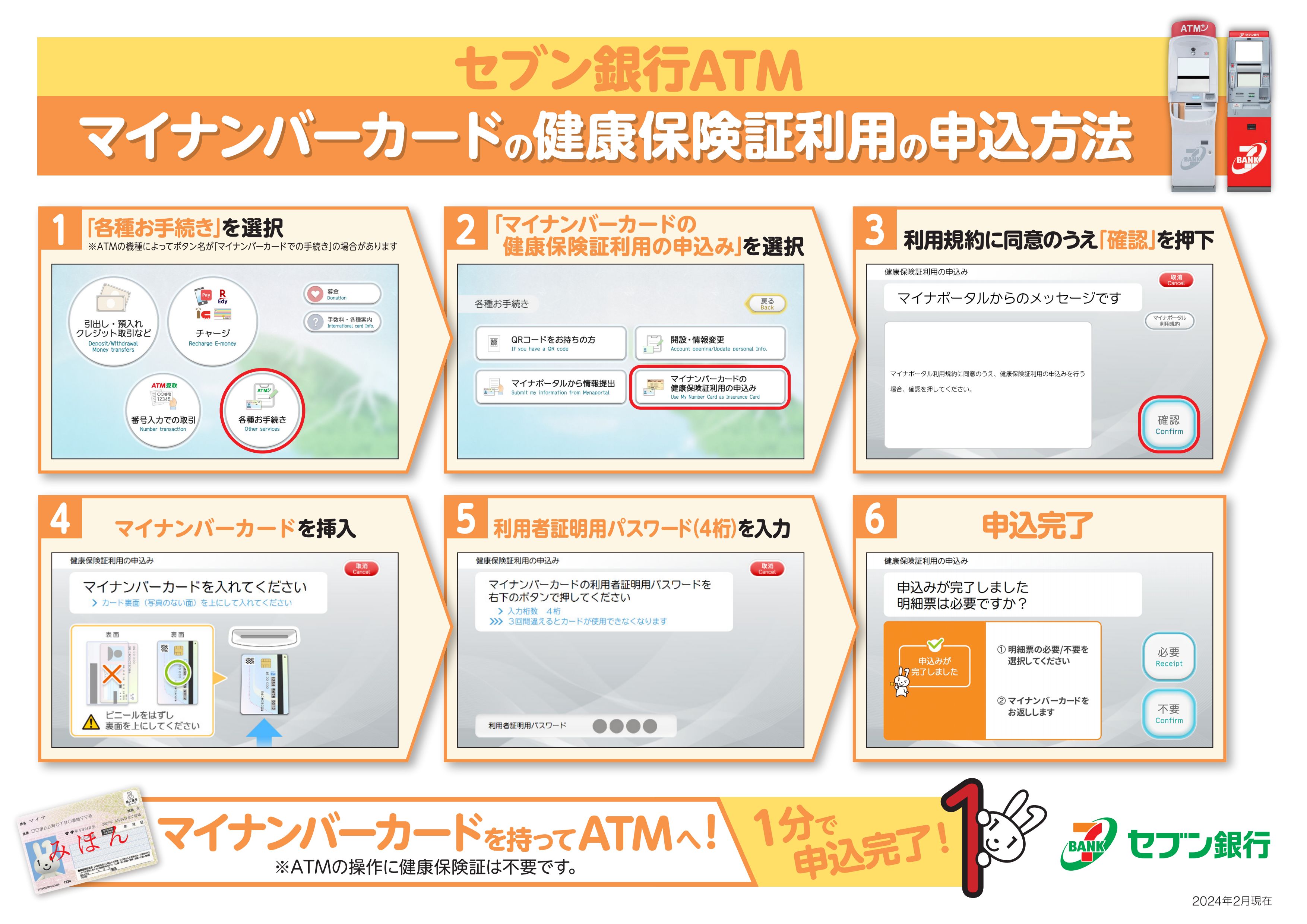 セブン銀行ATMマイナンバーカードの健康保険証利用の申込方法